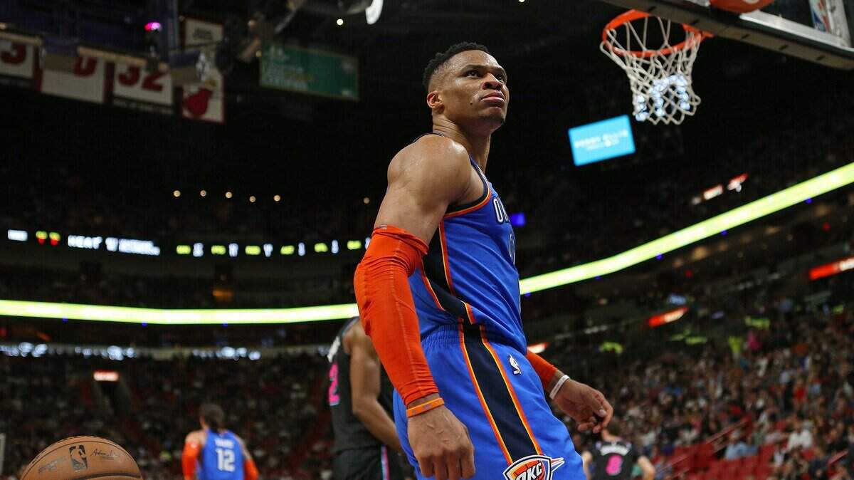 The Oklahoma City Thunder’s Russell Westbrook reacts after dunking against the Miami Heat at AmericanAirlines Arena in Miami on February 1, 2019. (David Santiago/Miami Herald/TNS)