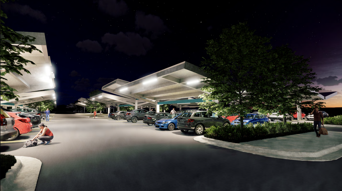 Rendering of how the new canopies will look on Myrtle Beach International Airport’s rental car lot when finished. The construction will be completed by early summer 2023