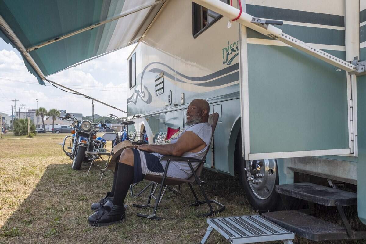 George Gause of Bucksport, S.C. was one of the very few bikers to set up his R.V. in Atlantic Beach, S.C. on Thursday. The site would usually be packed with bikers for the Atlantic Beach Bikefest but the event was canceled for a second year due to COVID-19. May 27, 2021.