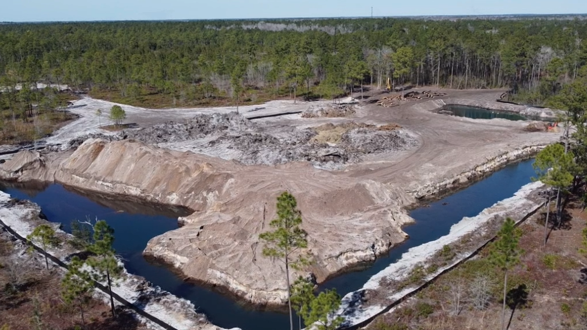 A still image of a mine Soilutions is digging near the Lewis Ocean Bay Heritage Preserve. Image via South Carolina Environmental Law Project and the Coastal Conservation League.