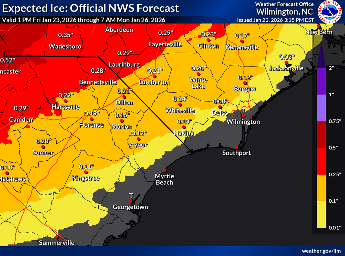 The National Weather Service predicts inland areas will see some ice accumulation this weekend.
