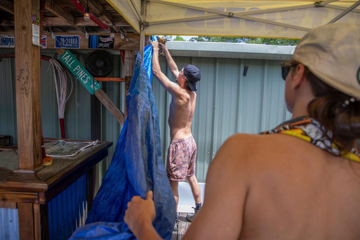 Workers are making preparations for thousands of bikers to arrive at Suck Bang Blow in Murrells Inlet, SC next week for the Myrtle Beach Spring Rally. May 7, 2024.