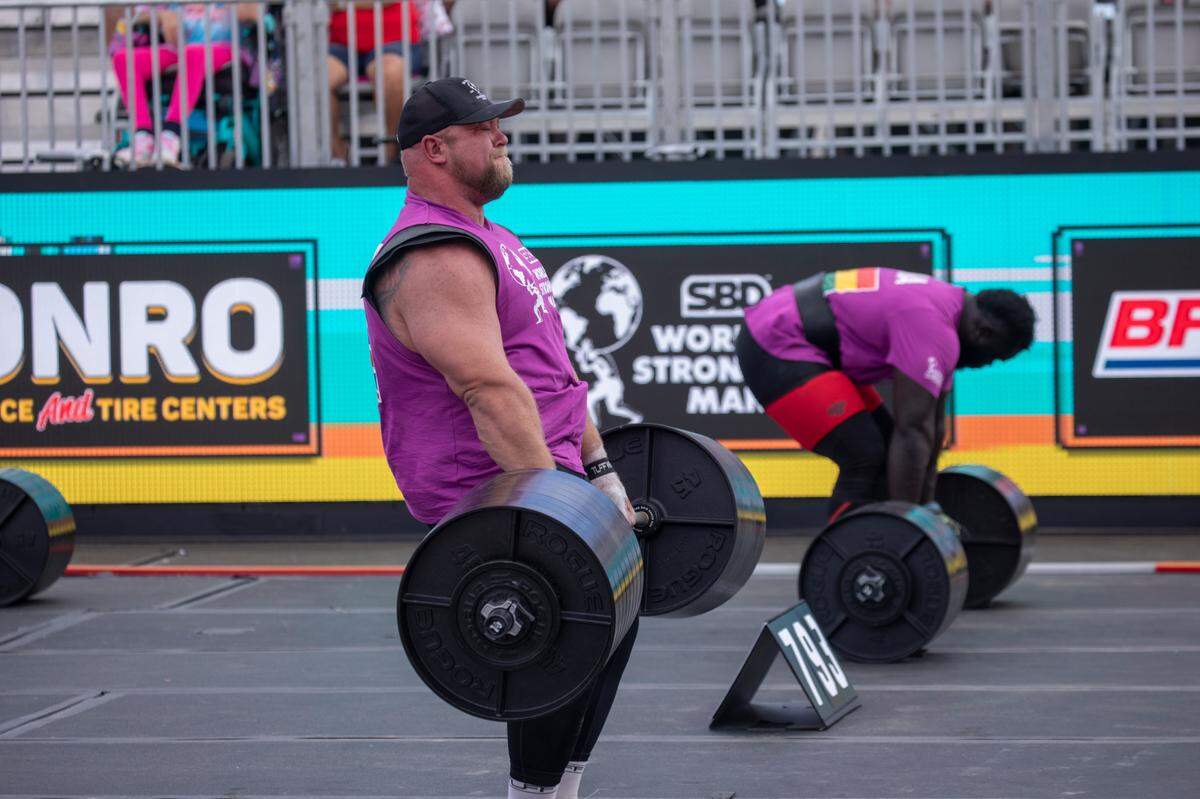 Competitors in the 2024 World’s Strongest Man in Myrtle Beach competition participate in the Deadlift Ladder, where athletes have to lift five barbells faster than their opponent if they can even complete the event. The first barbell weighs more than 600 pounds, and the final one weighs more than 800 pounds. Wednesday, May 1, 2024.