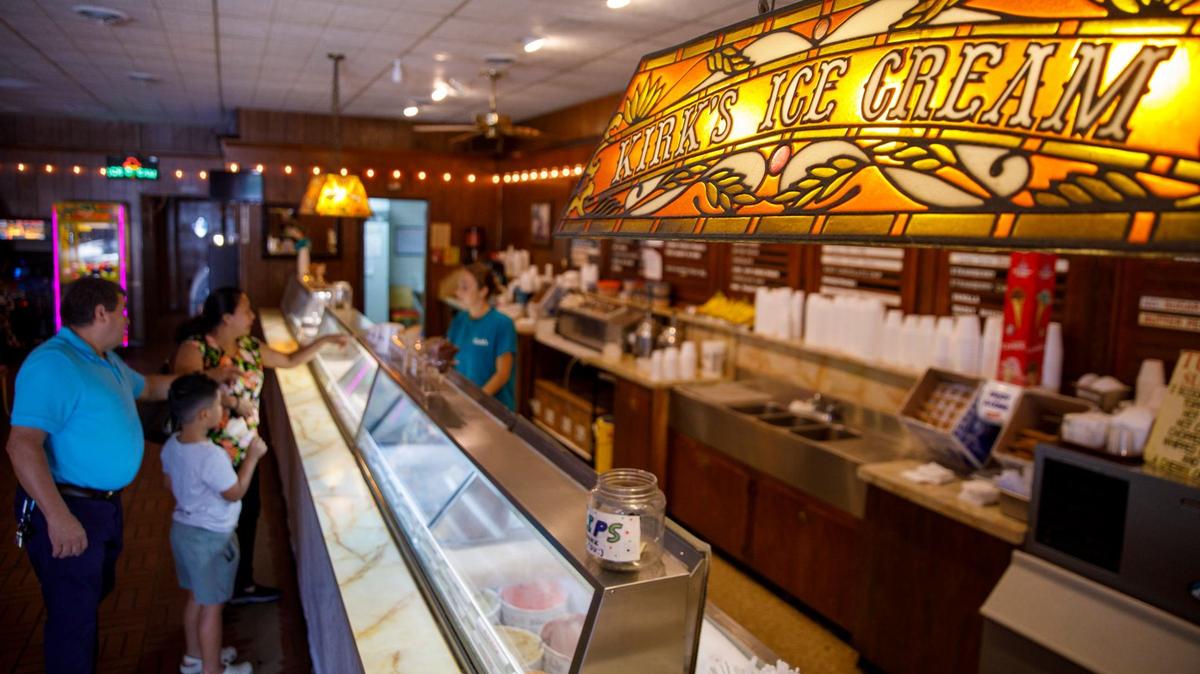 Kirk’s Ice Cream, a Myrtle Beach, SC locally-owned ice cream parlor is a throwback to earlier times, sporting vintage decor, Tiffany-style lights and parlor chairs that might be found in an old-fashioned soda fountain. Visitors can also find old games, including some that might have appeared in long-ago arcades. Aug. 29, 2024.