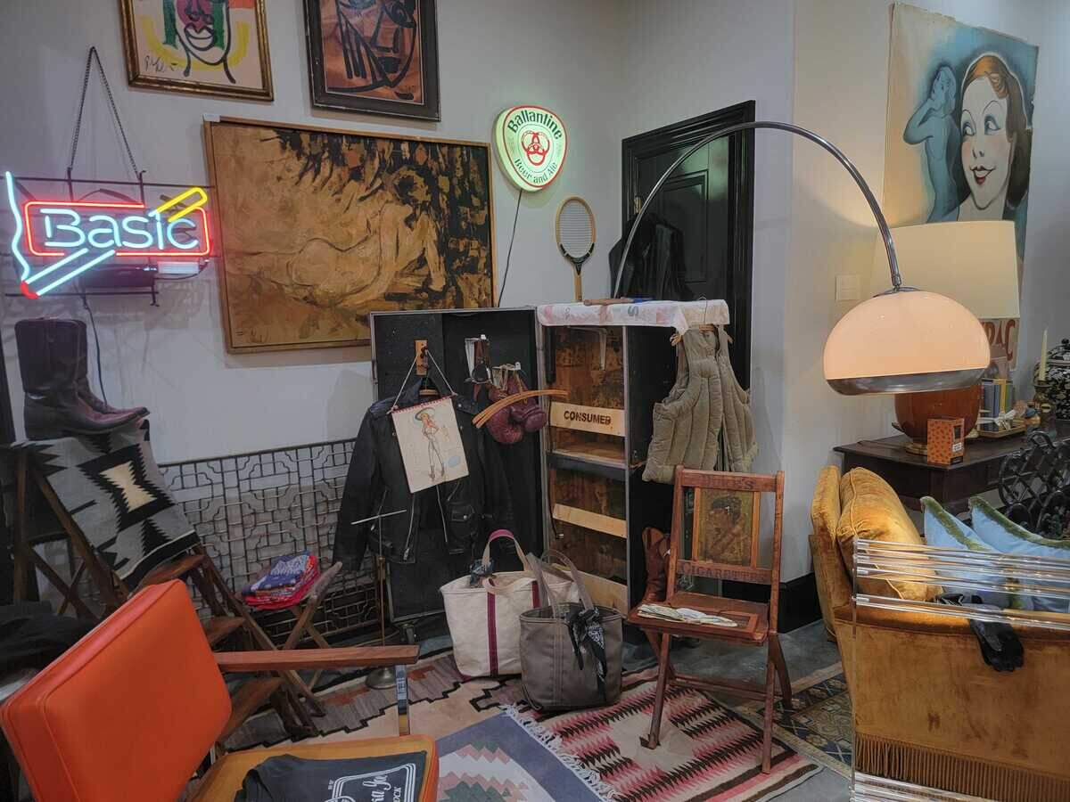 A Room Service display showcases vintage children’s boxing gloves, a space lamp and more.