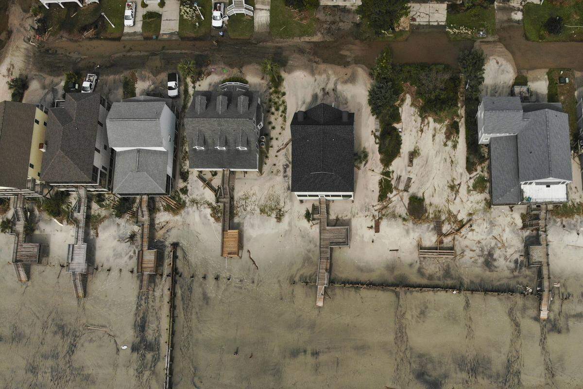 Aerial views storm damage on Pawleys Island one day after Hurricane Dorian moved north off the South Carolina coast, Friday, September 6, 2019.