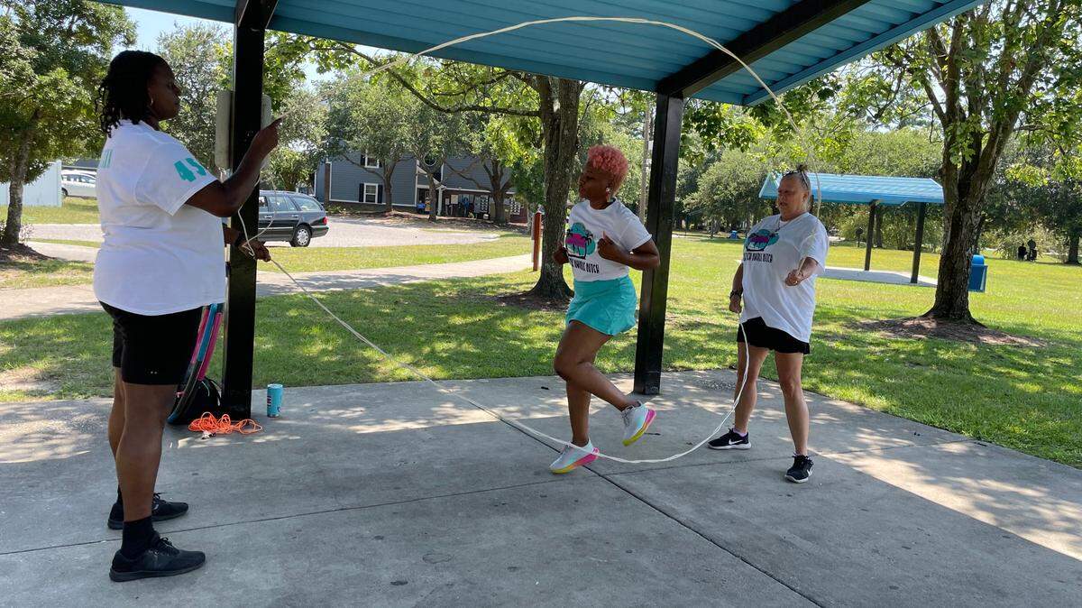 Members of the Myrtle Beach Double Dutch club practice at Futrell Park on Aug. 20, 2023. The women are reconnecting with their childhood by connecting with each other through jumping.