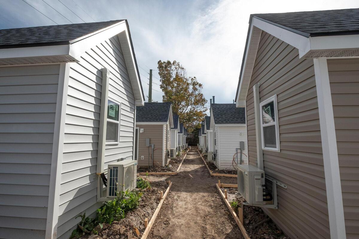 Construction of 25 tiny homes for unhoused veterans is being completed off 3rd Avenue North in Myrtle Beach, S.C. The project that began in January 2022 consist of 144 square feet residences with a bathroom and refrigerator and cost about $30,000 to build. Dec. 4, 2023.