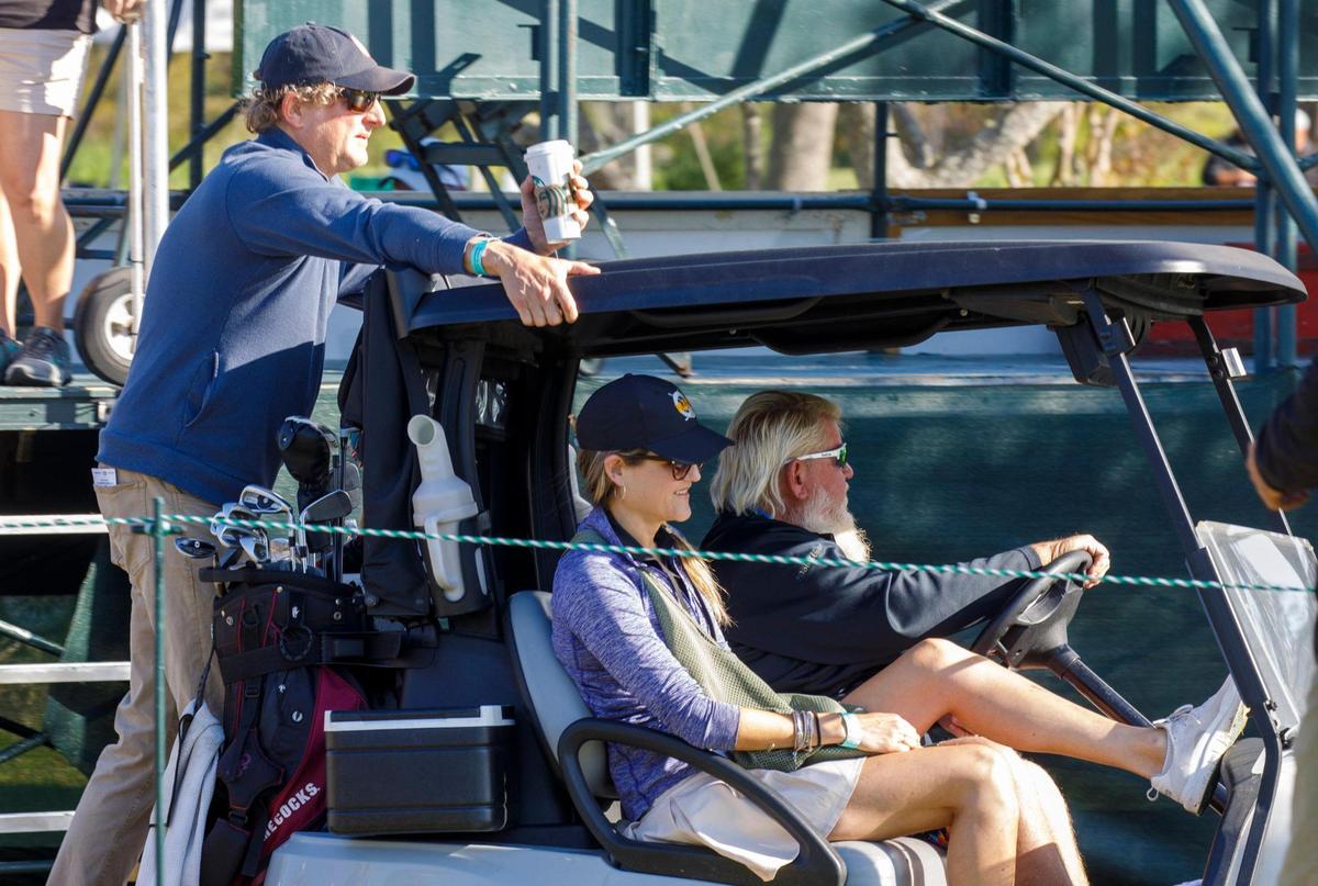 John Daly (driving cart) and Hootie guitarist Mark Bryan (on back) participated in the 26th Hootie & the Blowfish Monday After the Master’s Celebrity Pro-Am on Monday, April 11, 2022. Unlike previous years, no general admission tickets were offered so pro golfers and celebrities largely had the Dye Club and Barefoot Resort in North Myrtle Beach, SC to themselves. April 11, 2022.