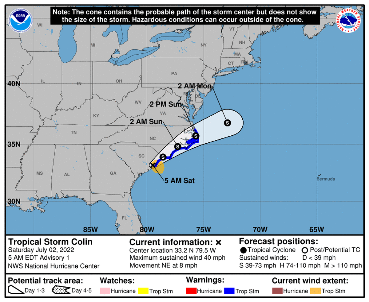 Tropical Storm Colin, which formed Saturday morning off the coast of South Carolina, is expected to move up the eastern seaboard before moving out into the Atlantic Sunday afternoon.