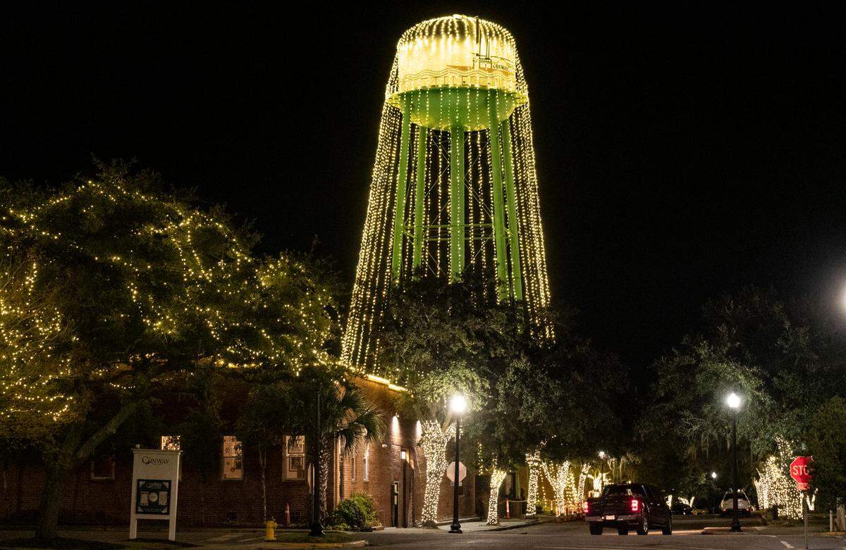 The Conway water tower is draped in lights, just one of many festive displays around the river town community. Towns around the Myrtle Beach area have begun decorating for the holidays with many festivities scheduled throughout Horry County, S.C. this season. November 25, 2022.