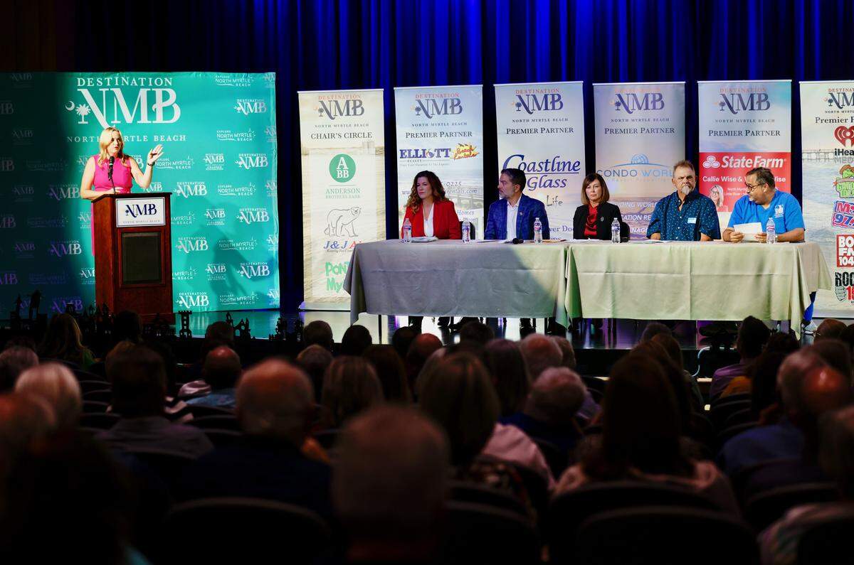 From left to right, North Myrtle Beach City Council candidates Jolene Puffer, Trey Skidmore, Jeri McCumbee, Tony Warren Jr. and Dr. David Weitzman appeared on stage.