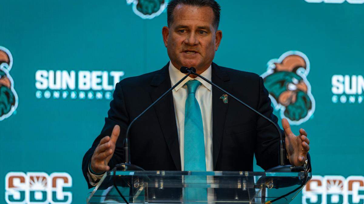 Coastal Carolina football coach Tim Beck speaks at the Sun Belt Football Media Day July 26. CCU’s first game will be at UCLA Sept. 2. (Photograph by AJ Henderson, Sun Belt Conference)