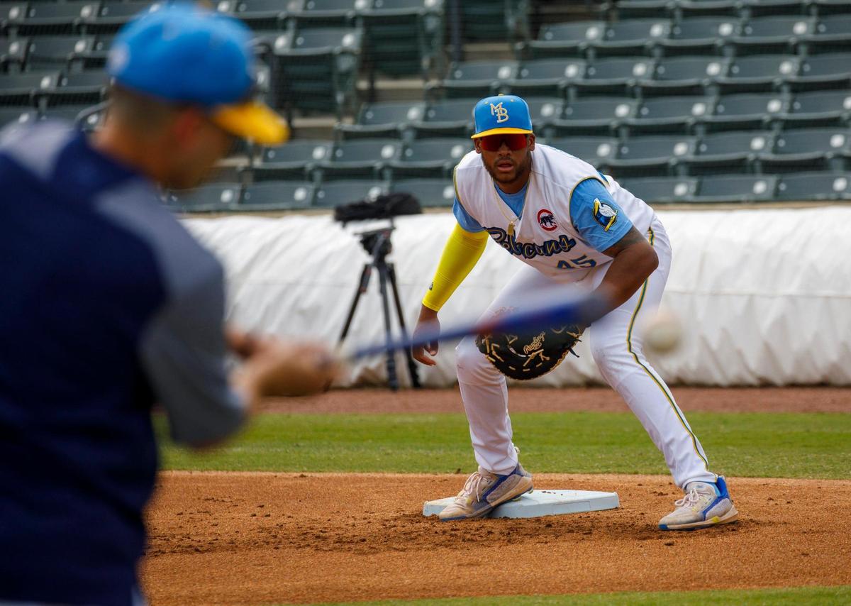Myrtle Beach Pelicans first baseman Felix Stevens practices on April 05, 2022.