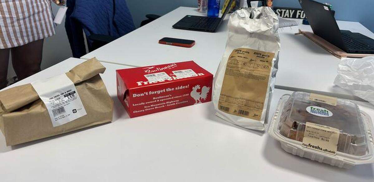 From left to right, fried chicken in its packaging from Publix, Boulineau’s Foods, Lowes Foods and Food Lion. I taste tested each to see which is best.