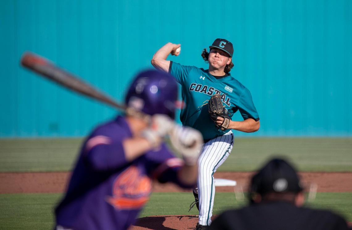 Coastal’s Matthew Potok starts out pitching against Clemson on Tuesday. Coastal Carolina played Clemson in baseball Tuesday. The Coastal Carolina Chanticleers played the Clemson Tigers NCAA baseball Tuesday at Springs Brooks Stadium in Conway, SC. May 17, 2022.
