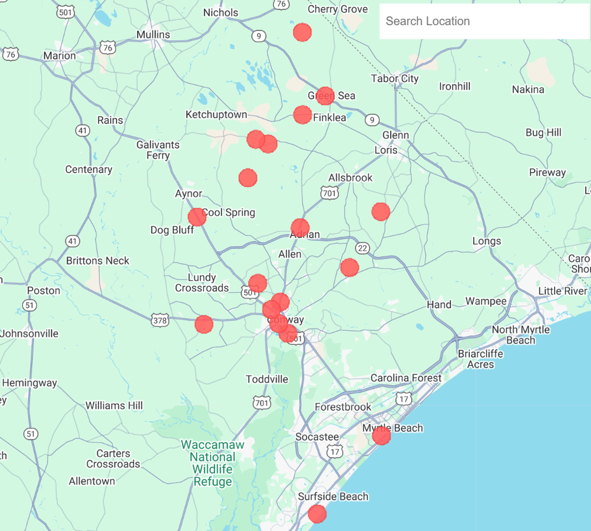 The Federal Highway Administration considers these 18 Horry County bridges in poor condition. via infobridge.fhwa.dot.gov