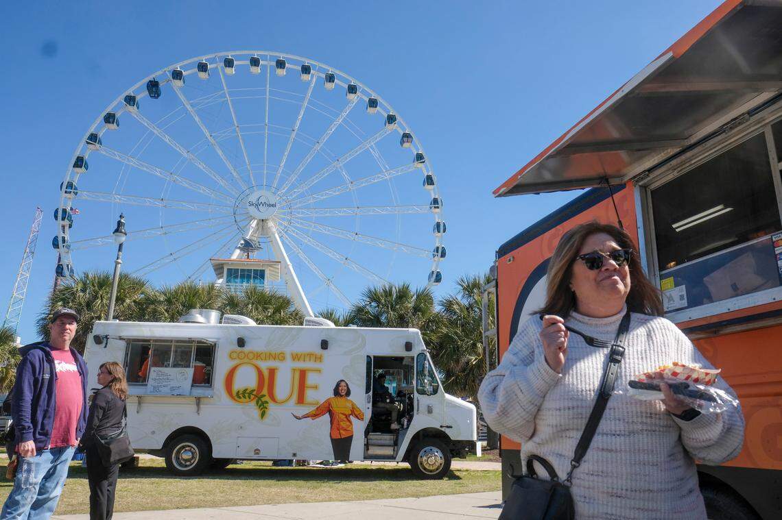 Food trucks from “The Great Food Truck Race” were at Plyler Park in Myrtle Beach this Friday for the show filming with Chef Tyler Florence. The trucks will be at various locations serving food around Myrtle Beach this weekend. Friday. March, 21 2025.