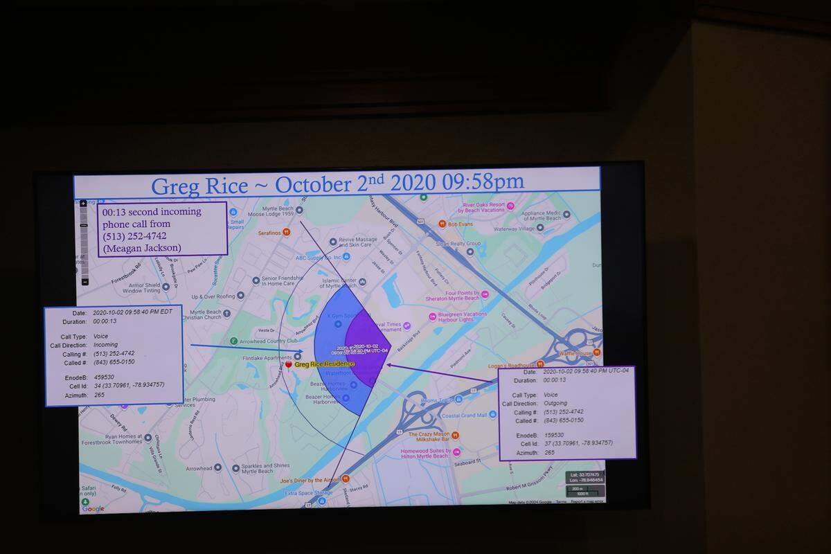 A map showing the location of Greg Rice’s and Meagan Jackson’s cell phones at 9:58 p.m. on Oct. 2, 2020 shown during Jackson’s murder trial. Jackson allegedly shot and killed Rice minutes later.