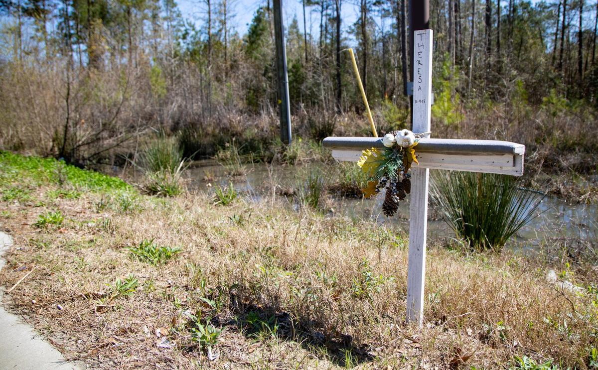 A roadside memorial for “Theresa” sits along Hwy. 707 in Socastee.