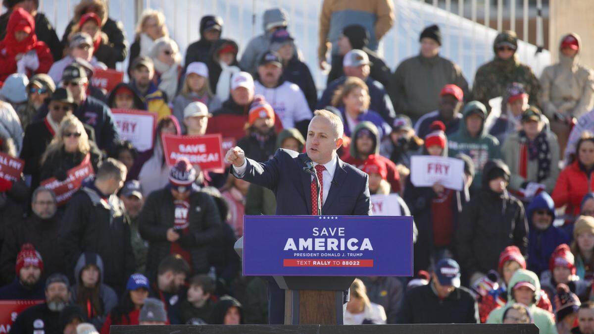 Russell Fry, Candidate for South Carolina’s 7th Congressional District, speaks at the ‘Save America’ rally in Florence, S.C. Thousands journeyed to the Florence Regional Airport on a cold, rainy Saturday to spend hours waiting to hear from former President Donald Trump and other S.C. Republican politicos at the ’Save America’ rally.March 12, 2022.