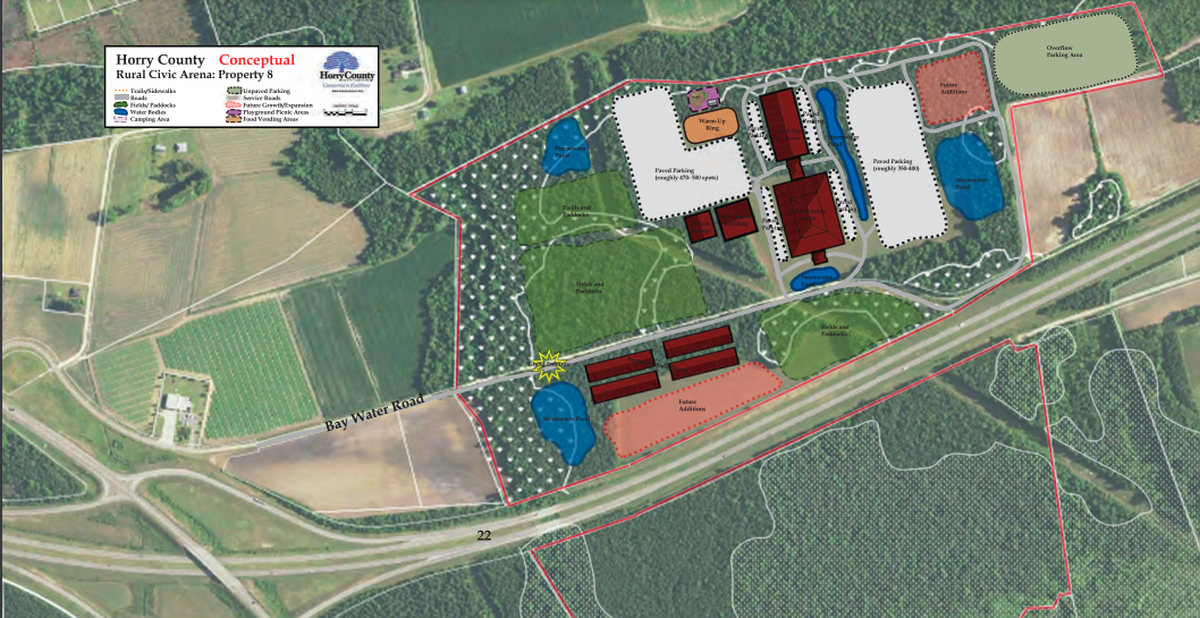 One of the proposed sites and design plans for the Horry County Rural Civic Arena, as presented to a committee of county officials on Friday. The county is considering eight possible locations. 