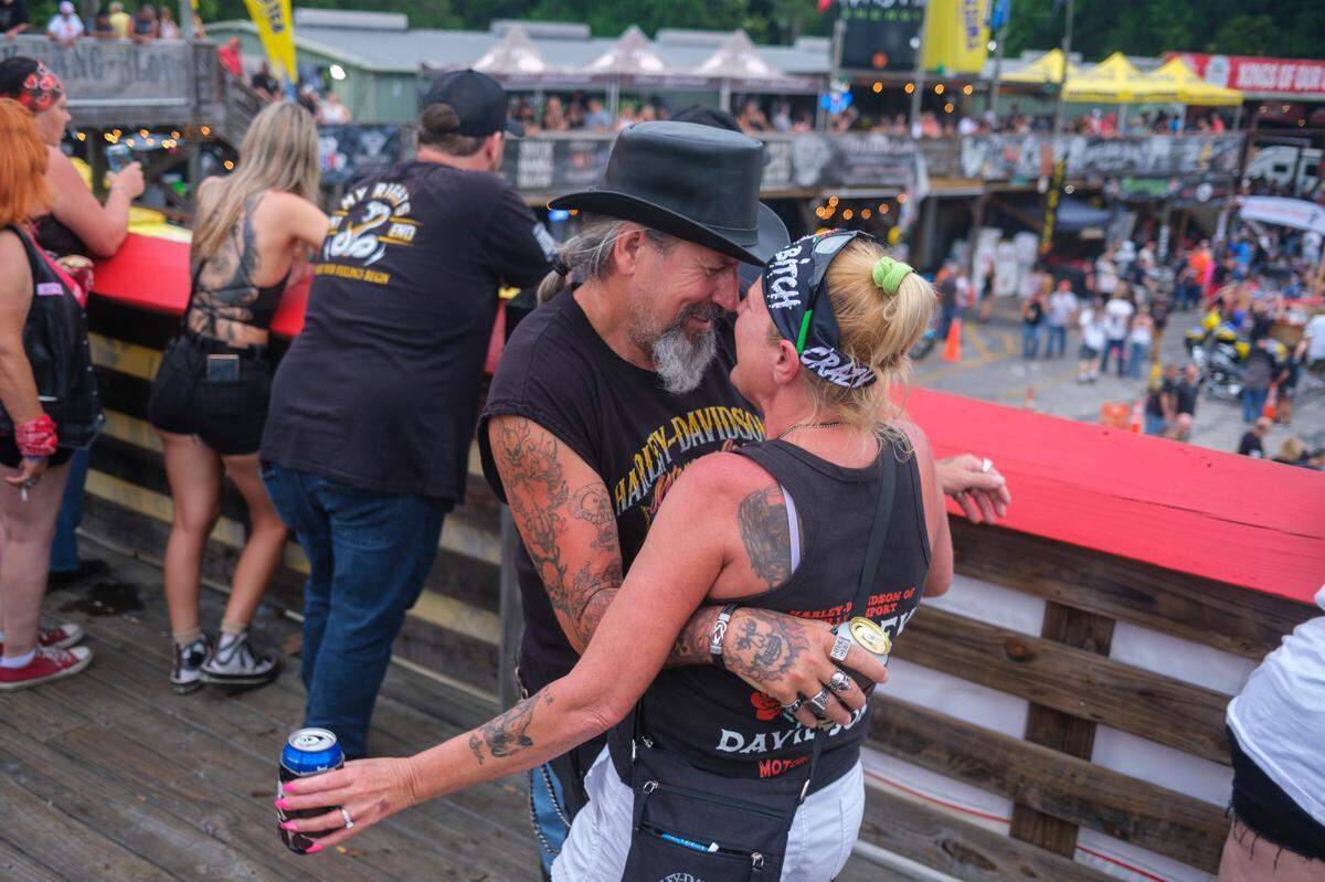 Bikers hang out at Suck Bang Blow in Murrells Inlet, S.C. on Friday during the 2024 Myrtle Beach Spring Rally. The entertainment included a burnout contest and live bands. May 17, 2024.