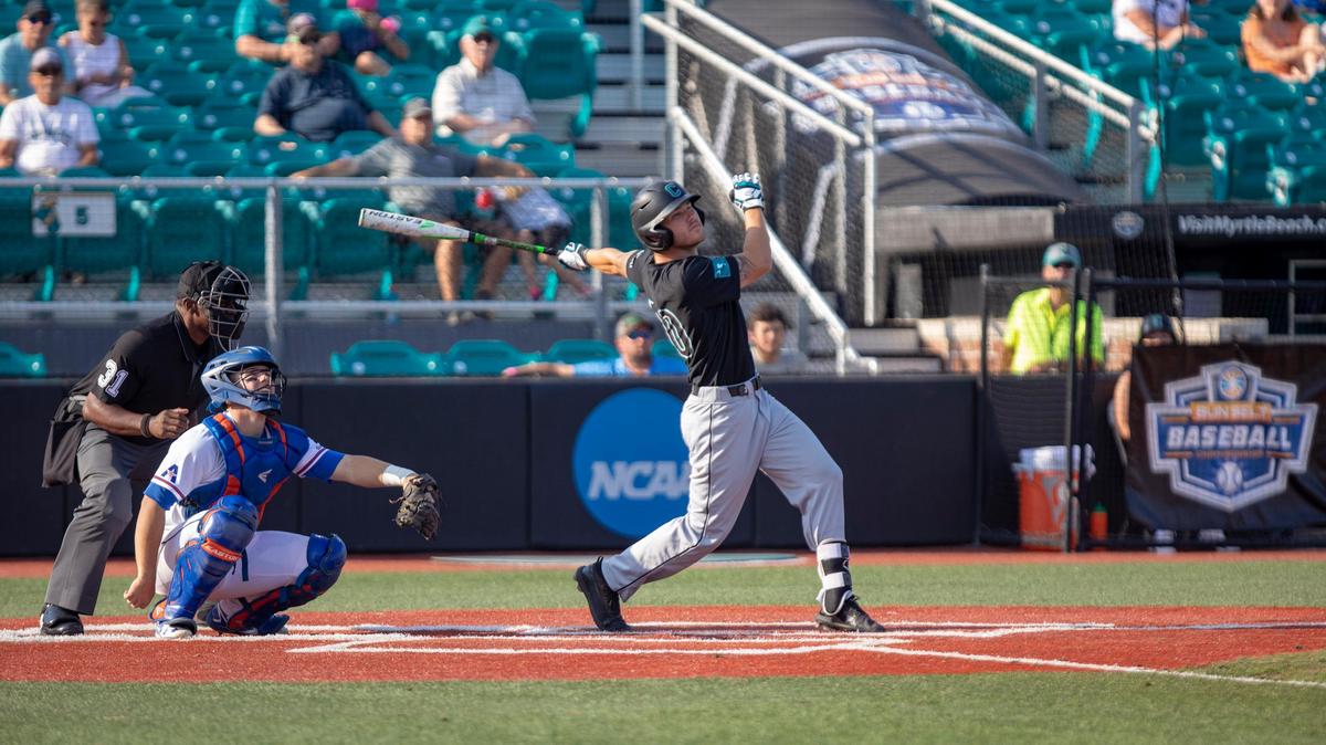 Coastal Carolina shortstop Scott McKeon hits against Texas-Arlington during the 2019 Sun Belt Conference Baseball Championship at Springs Brooks Stadium in Conway. McKeon was selected by the Detroit Tigers in the 21st round of the Major League Baseball First-Year Player Draft but has chosen to return to CCU in 2019-20.
