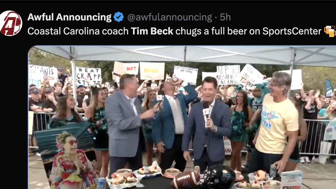 CCU’s Tim Beck chugs beer on ESPN, Darth Vader appears before App State game. What happened