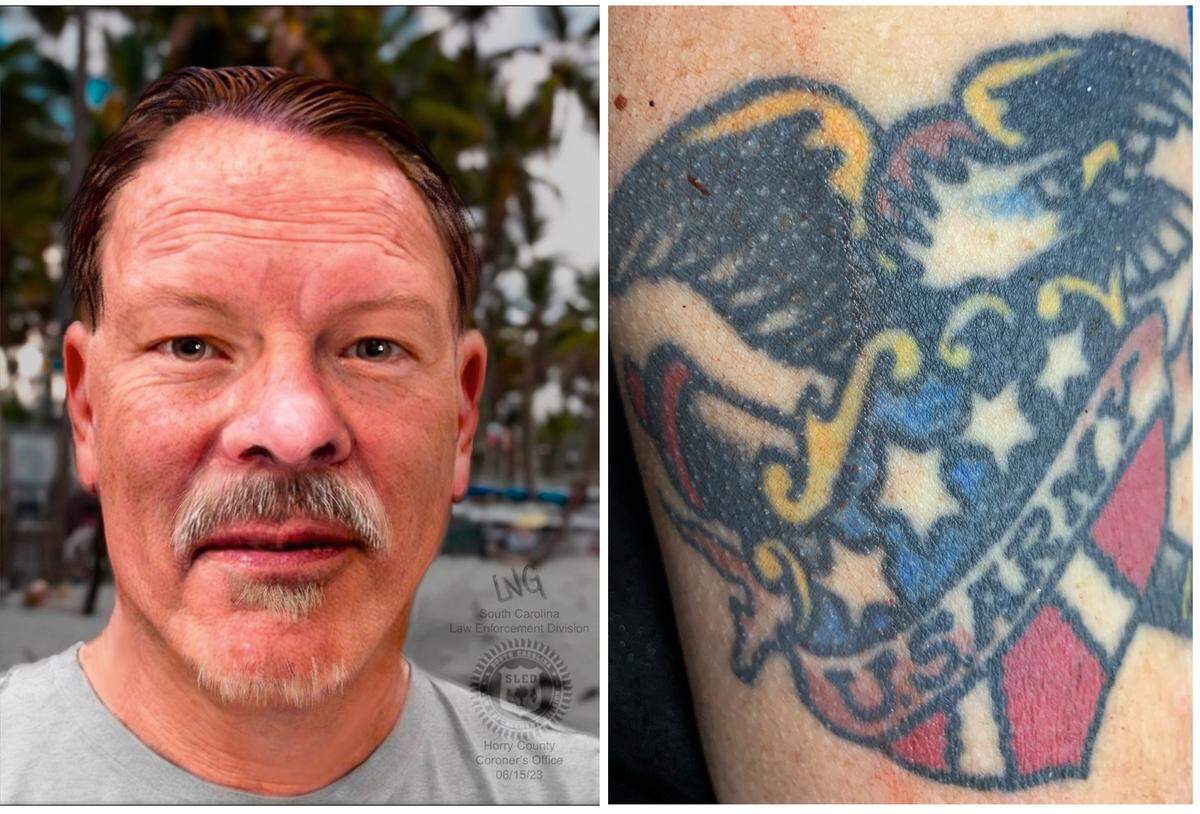 The Horry County Coroner’s Office has released a composite sketch, as well as a tattoo, of a man who was struck and killed by a vehicle on May 27 near North Kings Highway on May 27. The coroner is hoping someone may recognize the man.