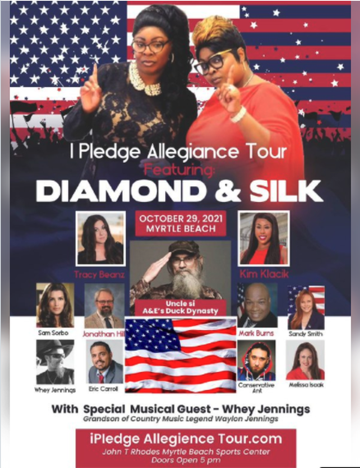 A billing showing booked speakers for the “I Pledge Allegiance” event in Myrtle Beach.