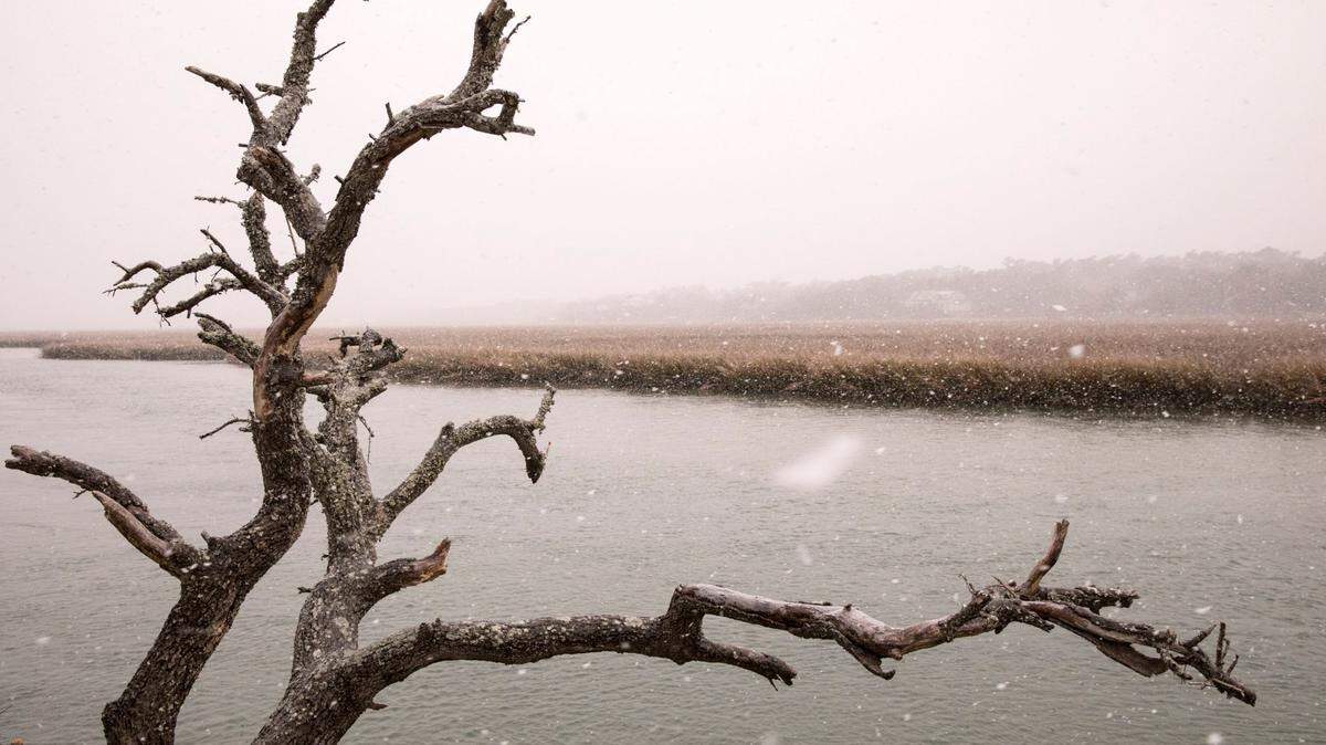 Snow falling in Pawley’s Island during Winter Storm Grayson in 2018.