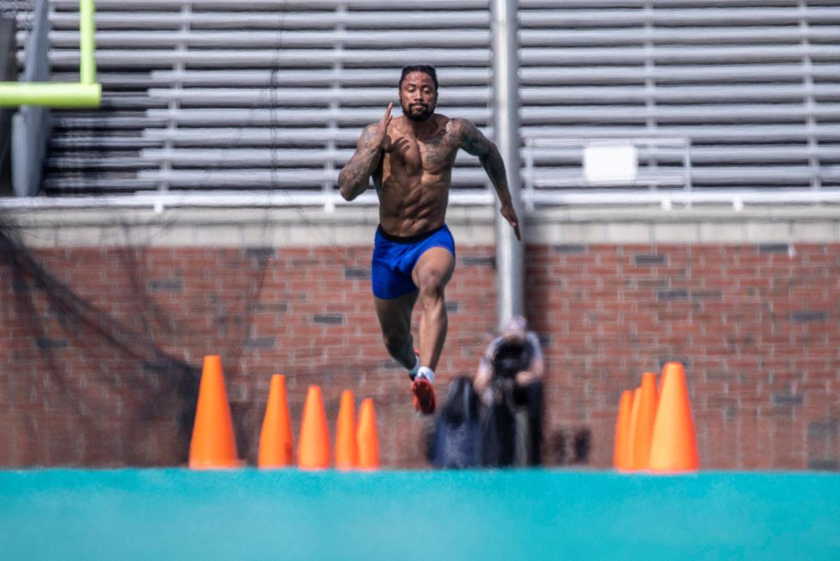 Former Coastal Carolina defensive back Mallory Claybourne runs the 40-yard dash at CCU’s Pro Day on Tuesday at Brooks Stadium in Conway, S.C. Claybourne, defensive lineman Sterling Johnson, defensive end Tarron Jackson and running back C.J. Marable were the four participants. March 23, 2021.