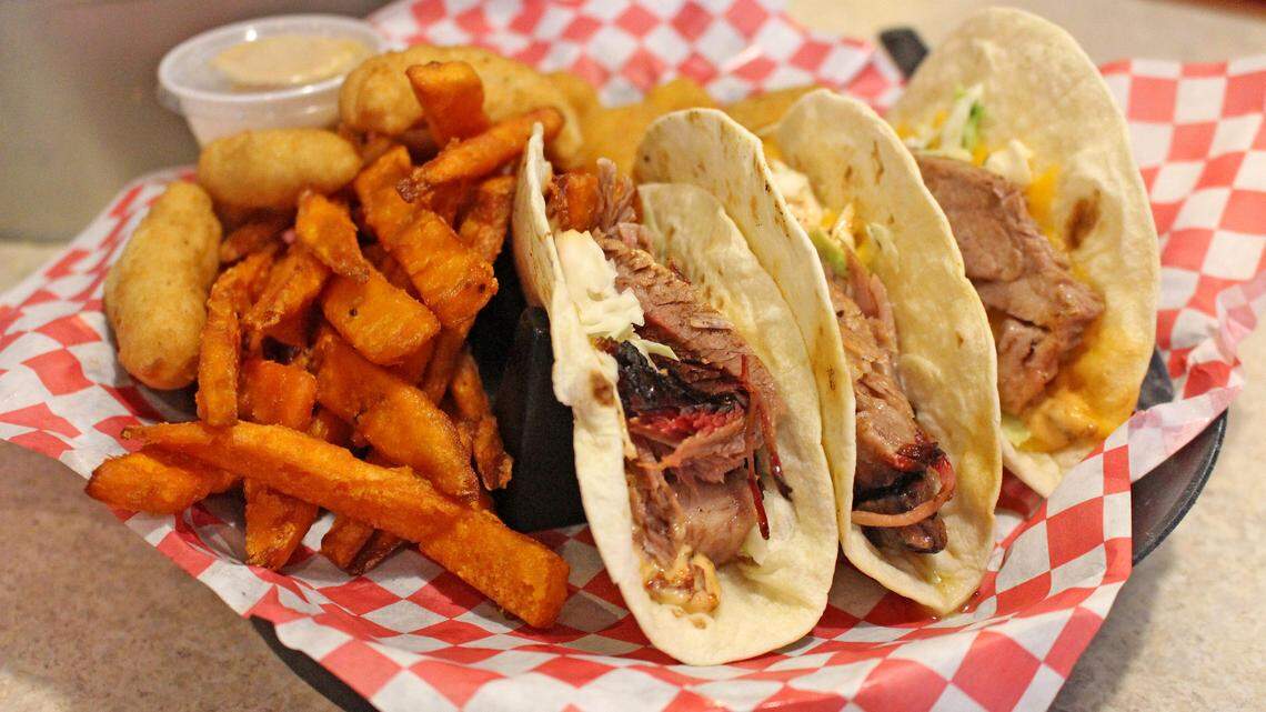 House brisket tacos and sweet potato fries at The Bar-B-Que House.