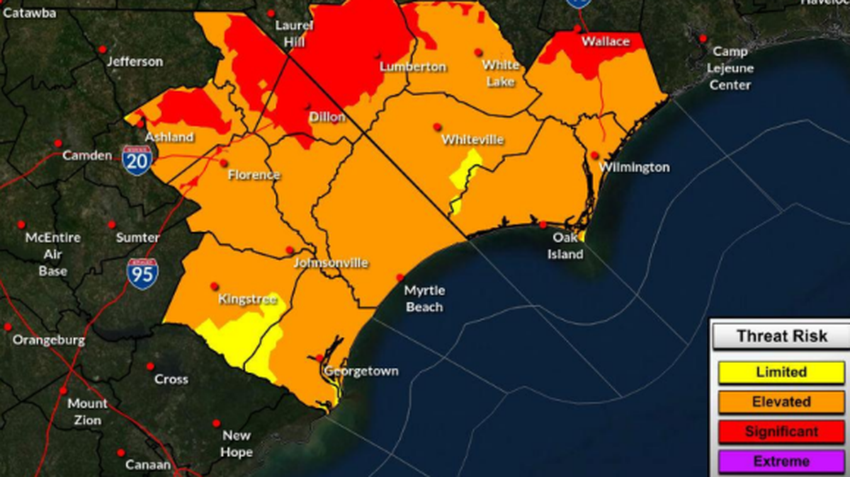 A National Weather Service map shows the threat risk for dangerously cold temperatures in South Carolina. Myrtle Beach will be at an elevated risk on Monday and Monday night.