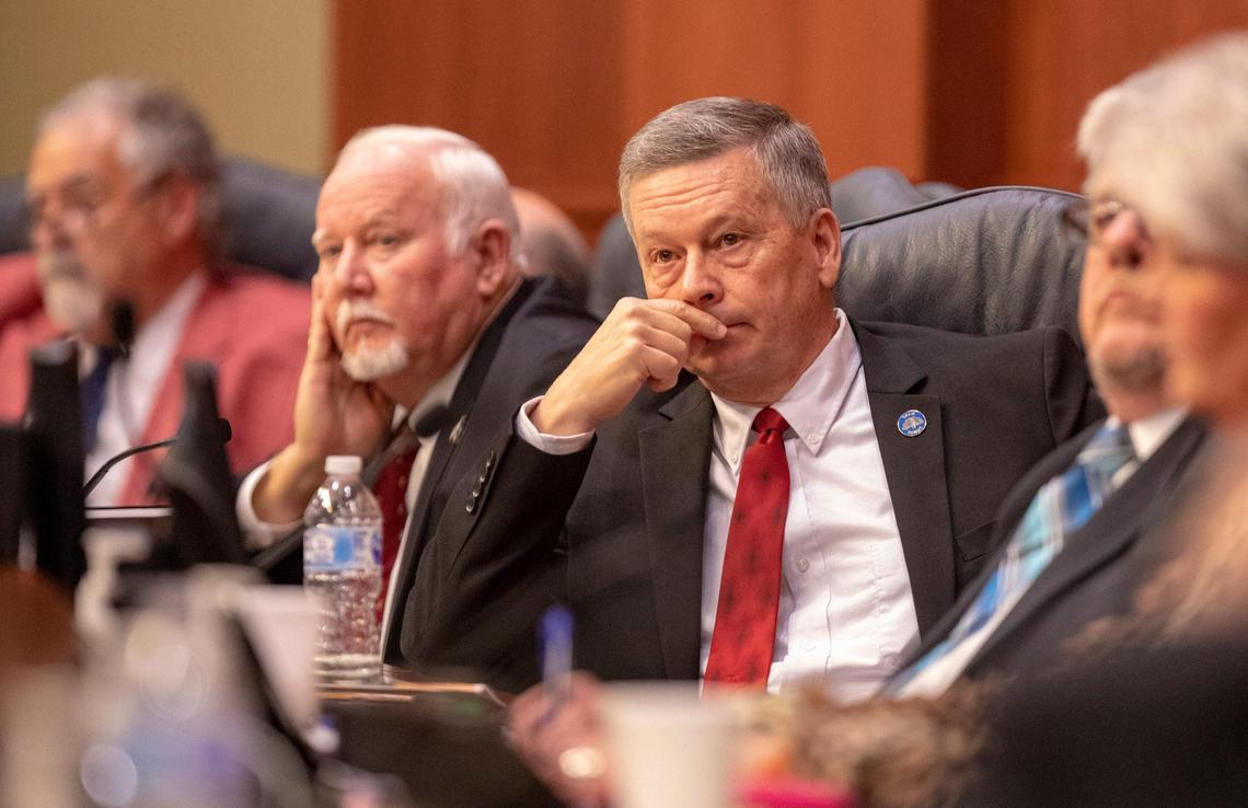 Horry County Councilman Al Allen looks up at the results of a vote on the termination of Horry County Administrator Chris Eldridge’s contract during an open session council meeting Tuesday at Horry County Council Chambers in Conway.