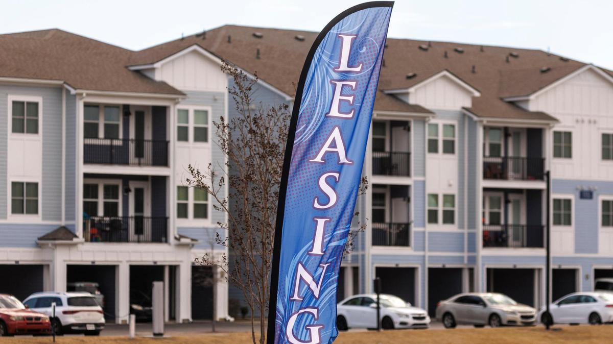 Artisan apartments at Carolina Forest have a leasing flag flying in front of housing units for rent near Myrtle Beach, S.C. Feb. 6, 2025