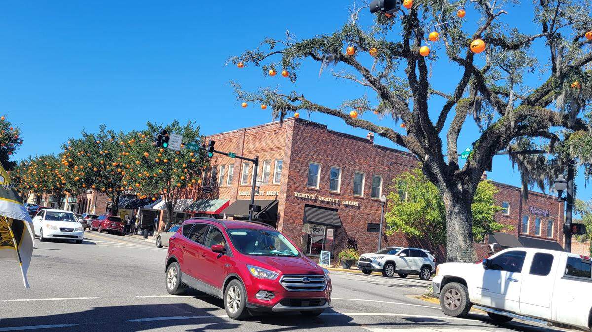 Plastic jack-o-lanters are laced through tree canopies along downtown Main Street in Conway on Sept. 23, 2022.
