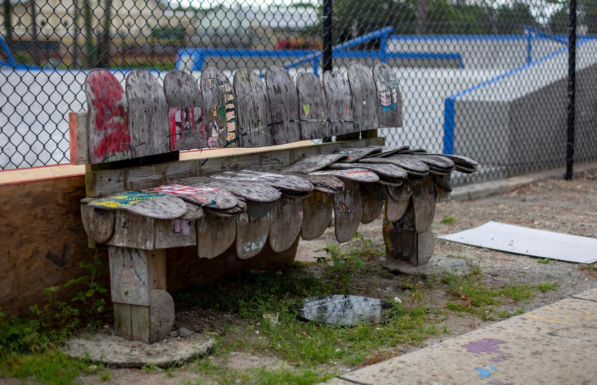A bench made of skateboard decks at the Matt Hughes Skate Park in Myrtle Beach. The park is named after Hughes, a skateboarder, who fell in 1998 while riding a street in Myrtle Beach; a fall that resulted in a major head injury, and ultimately, his death.