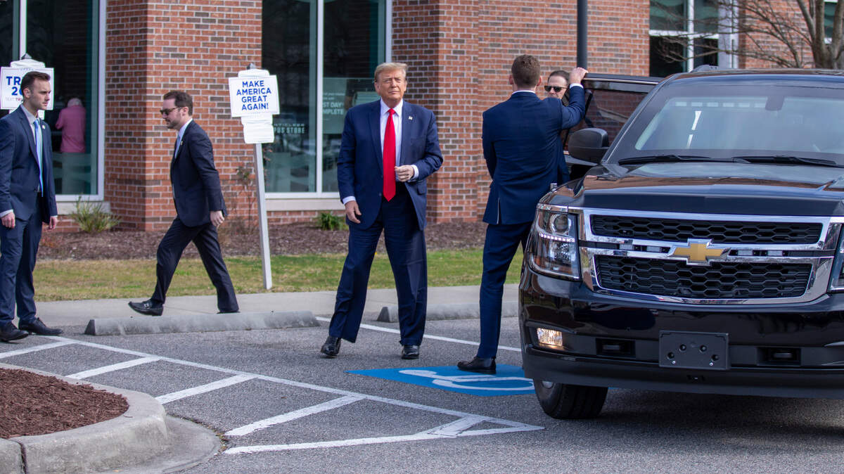 Former U.S. President Donald Trump appeared on Saturday afternoon for a “Get out the Vote” rally at the HTC Center at Coastal Carolina University in Conway, S.C. where he spoke for over and hour and a half. The HTC center held 3,000 supporters but Trump spoke to an “overflow” crowd lined up outside at his arrival. Saturday, February 10, 2024. Feb. 10, 2024.