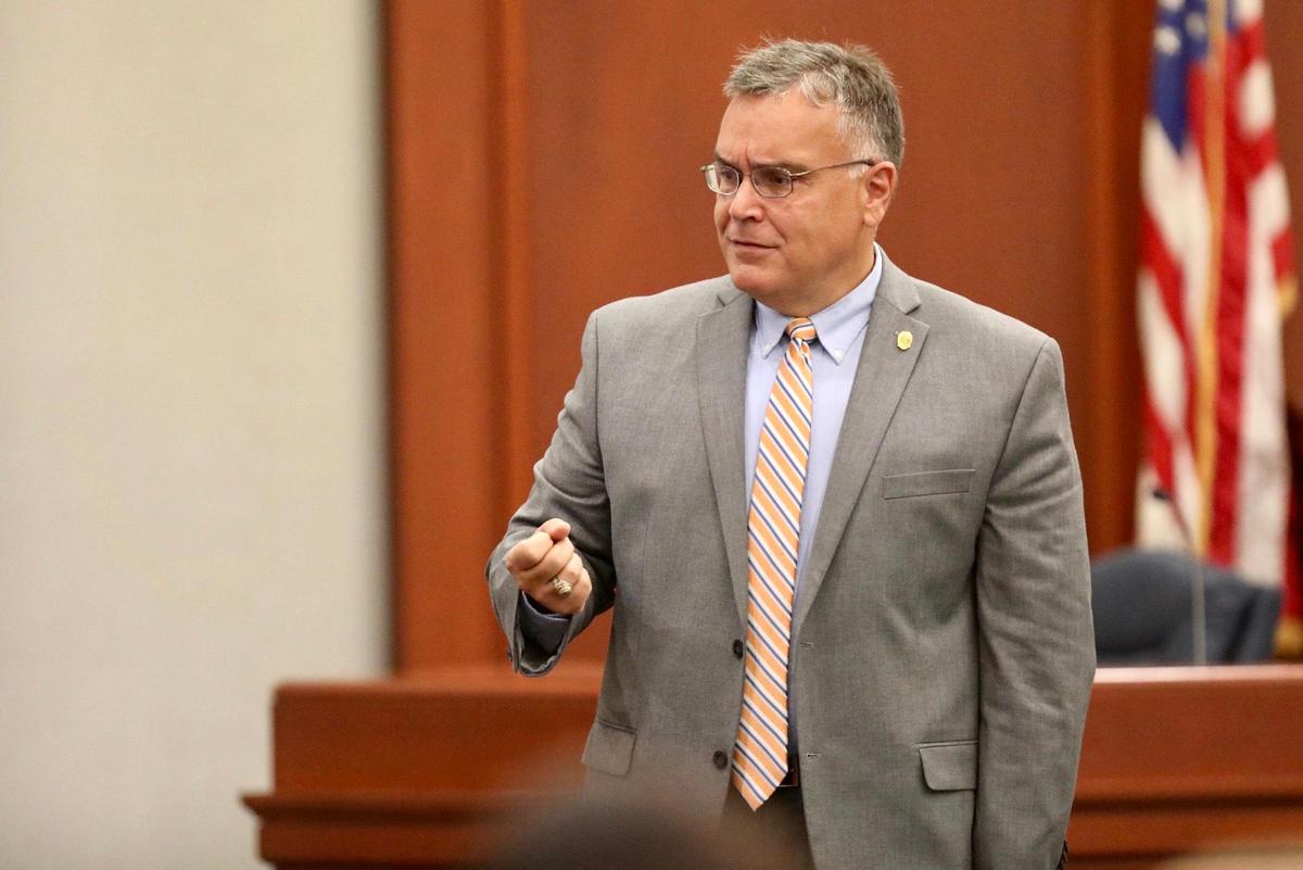 Horry County Assistant Solicitor George DeBusk delivers opening statements for the state on the first day of Hodge’s murder trial Tuesday morning at the Horry County Courthouse. Hodge and Kenneth Carlisle are charged with two counts of murder in connection to the killing of Hodge’s grandmother and step-grandfather, 64-year-old Linda McAllister, and her 45-year-old husband William “Chet” Clemons.