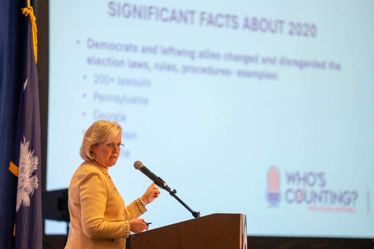 Cleta Mitchell speaks about election integrity at the South Carolina Republican Party’s inaugural “First in the South Republican Action Conference” in Myrtle Beach.