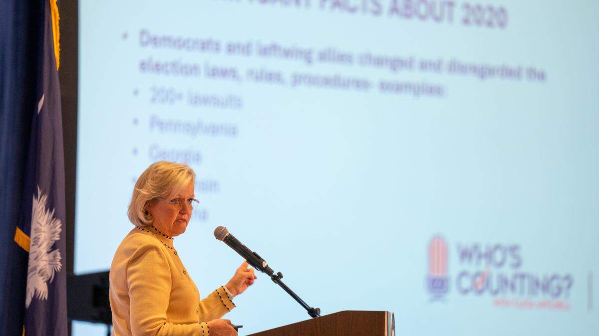 Cleta Mitchell speaks about election integrity at the South Carolina Republican Party’s inaugural “First in the South Republican Action Conference” in Myrtle Beach in October 2021. 