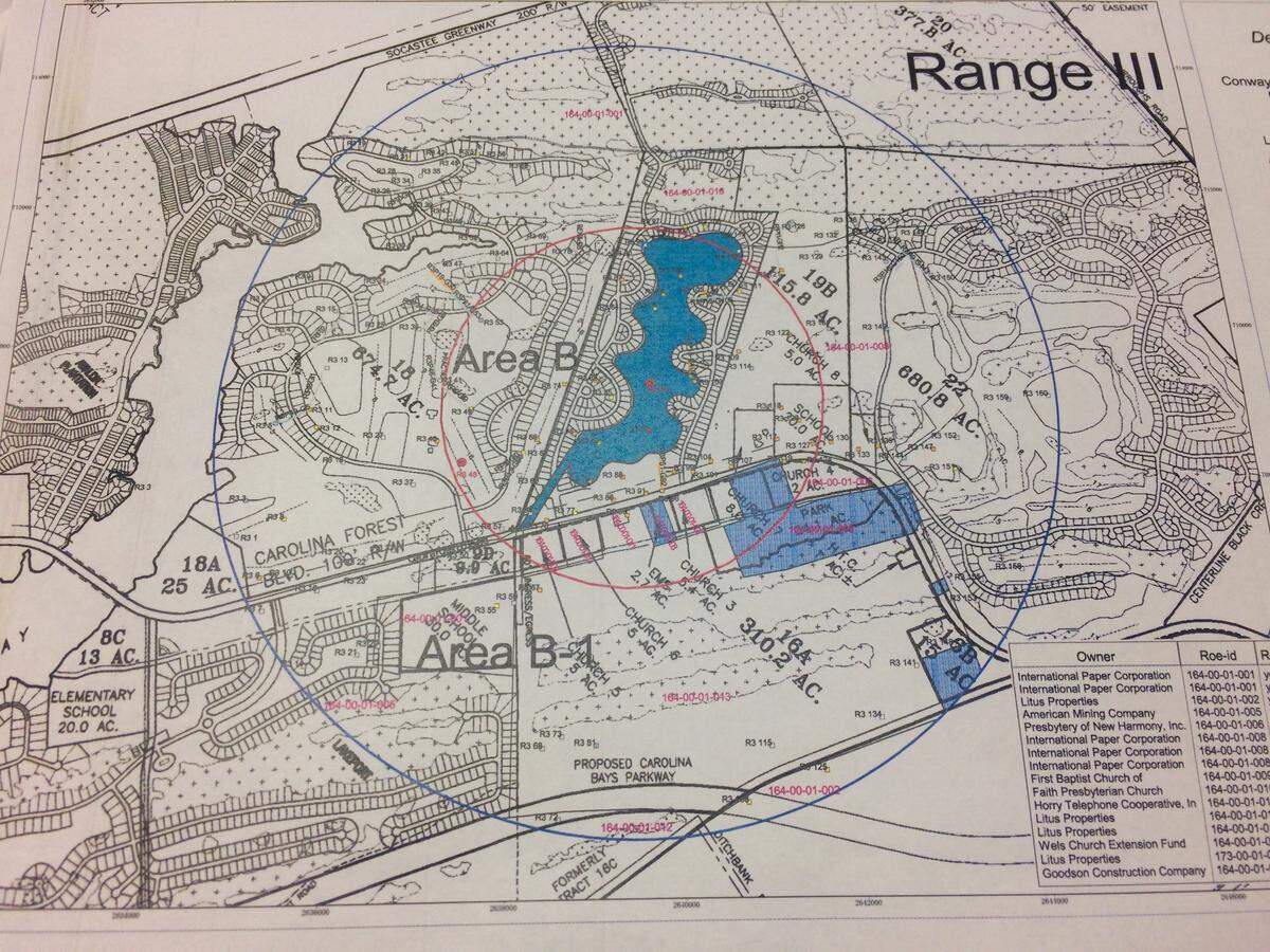 An Army Corps of Engineers map shows and WWII-era bombing range superimposed over the Carolina Forest Area. The red circle was the target area.