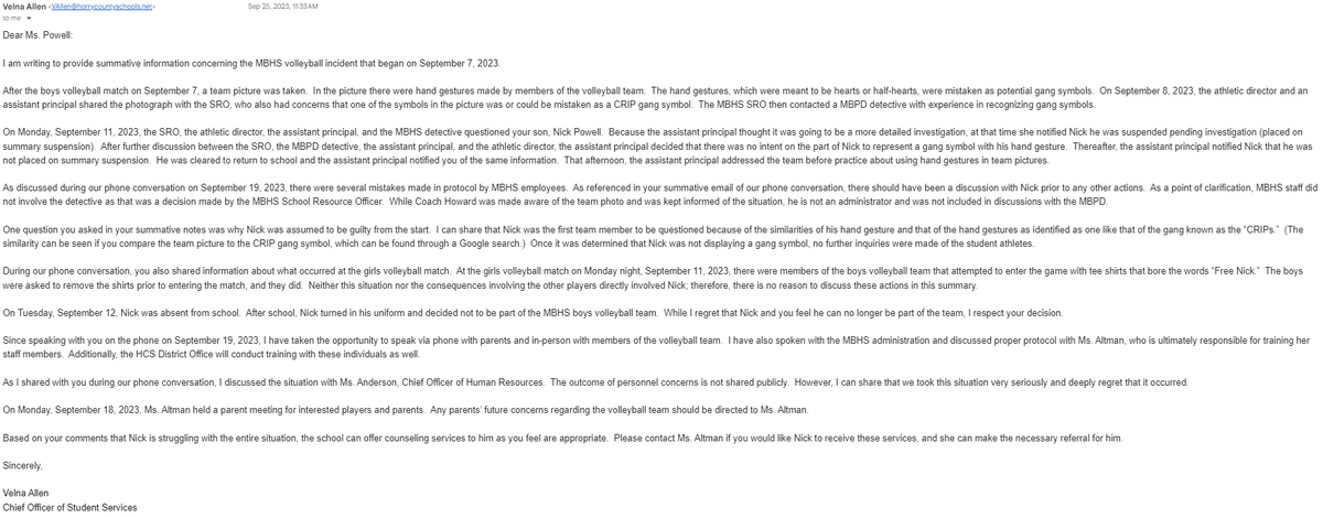Letter sent from Velna Allen, Horry County Schools chief officer of student services, to Patricia Powell.