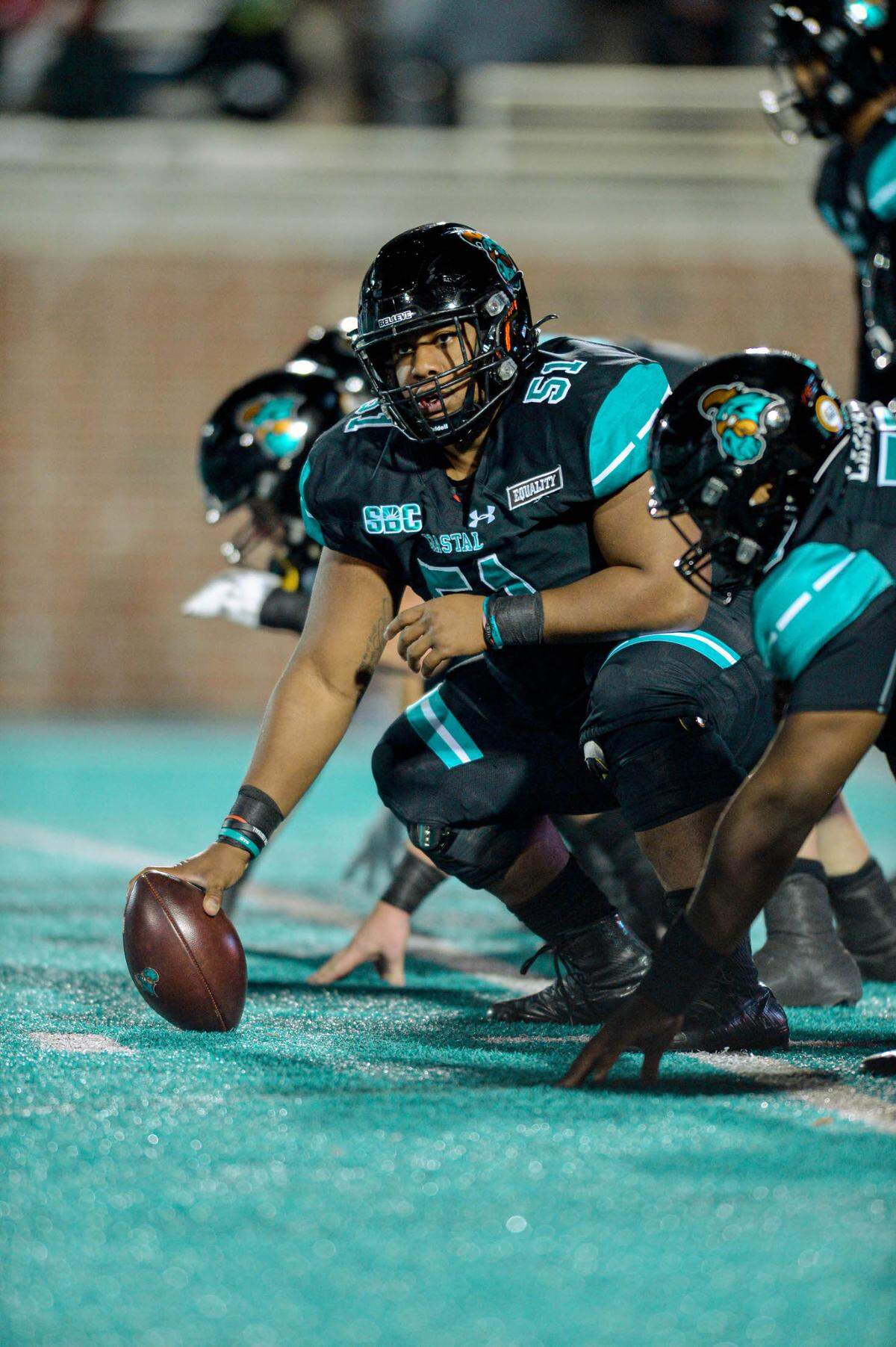 Coastal Carolina senior center Sam Thompson (51).