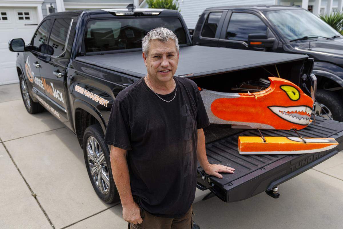 Jack Baldwin, also known as Goose Man Jack, owns a Myrtle Beach area goose control business that uses a remote controlled craft called “Lucy” to intimidate geese from returning to areas where the the fowl have become a nuisance to residents. Baldwin insists the practice is a humane way rid local ponds, and that he never harms the animals.  Aug. 5, 2025.