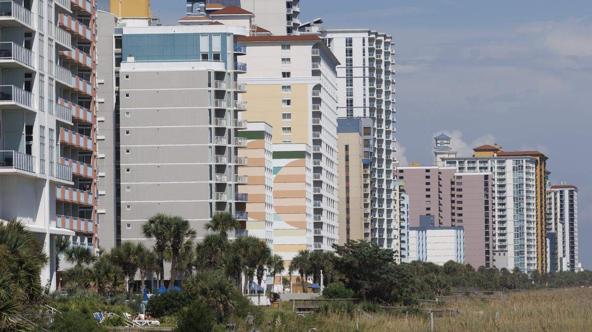 Hotels line the ocean front in Myrtle Beach, SC. Sept. 26, 2025
