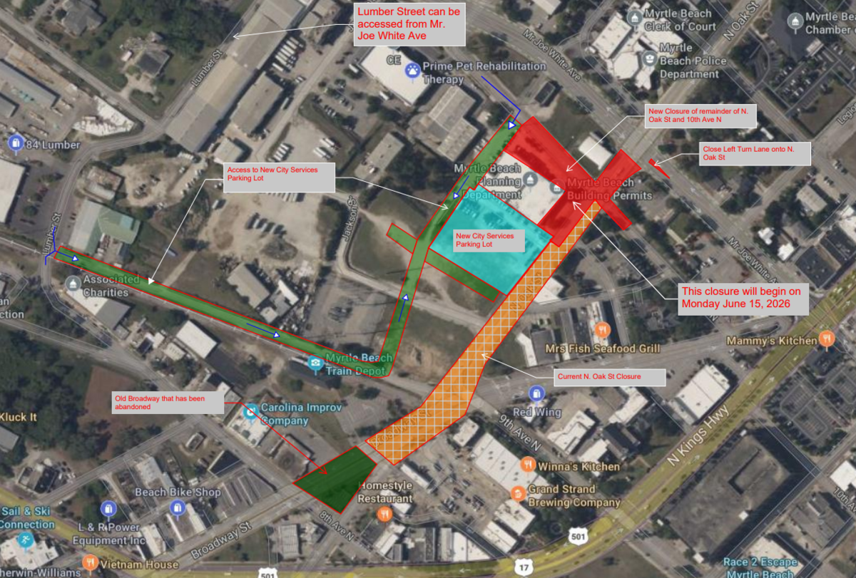 A map from the City of Myrtle Beach shows closures and accesses amid underground utility infrastructure work.