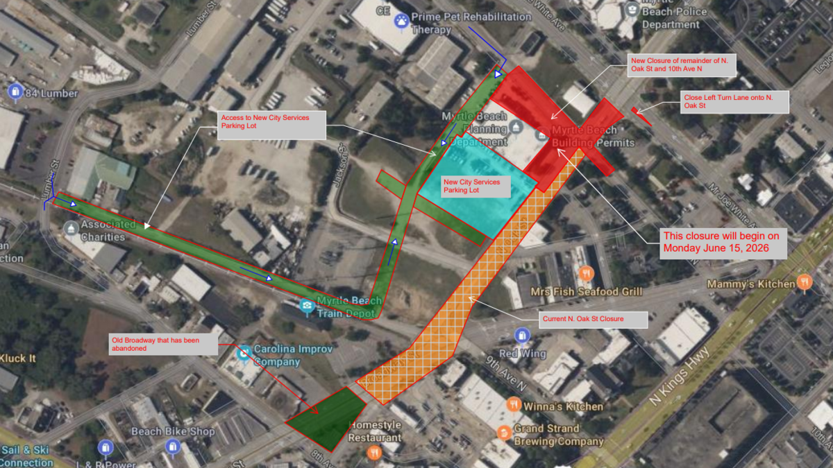 A map from the City of Myrtle Beach shows closures and accesses amid underground utility infrastructure work.